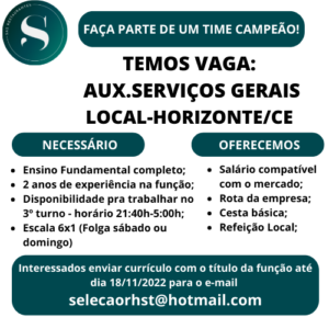 Vaga para Auxiliar de Serviços gerais