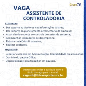 Vaga para Assistente de controladoria