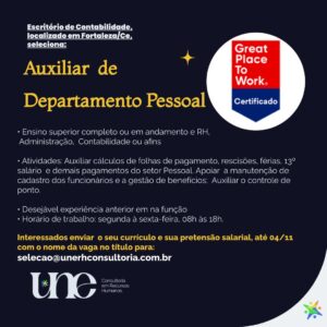 Vaga para Auxiliar de Departamento Pessoal