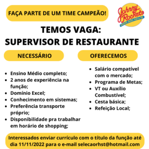 Vaga de Emprego para Supervisor de Restaurante