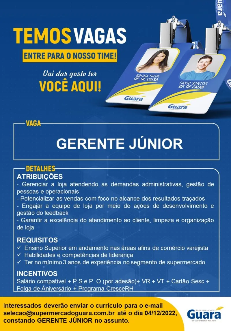 Vaga para Gerente Junior - Portal Vagas
