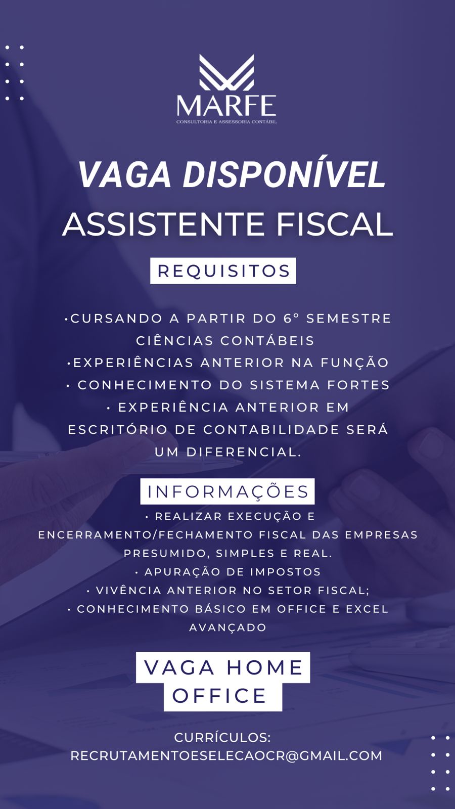Vagade Emprego para Analista e Assistente Fiscal Home Office