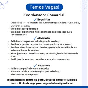 Vaga para Coordenador Comercial
