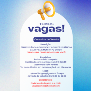Vaga para Vendedor Loja de Games