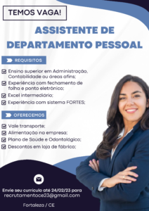 Vaga para Assistente de Departamento Pessoal