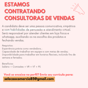 Vaga para Consultora de Vendas
