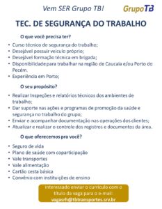 Vaga para Tecnico Segurança do Trabalho