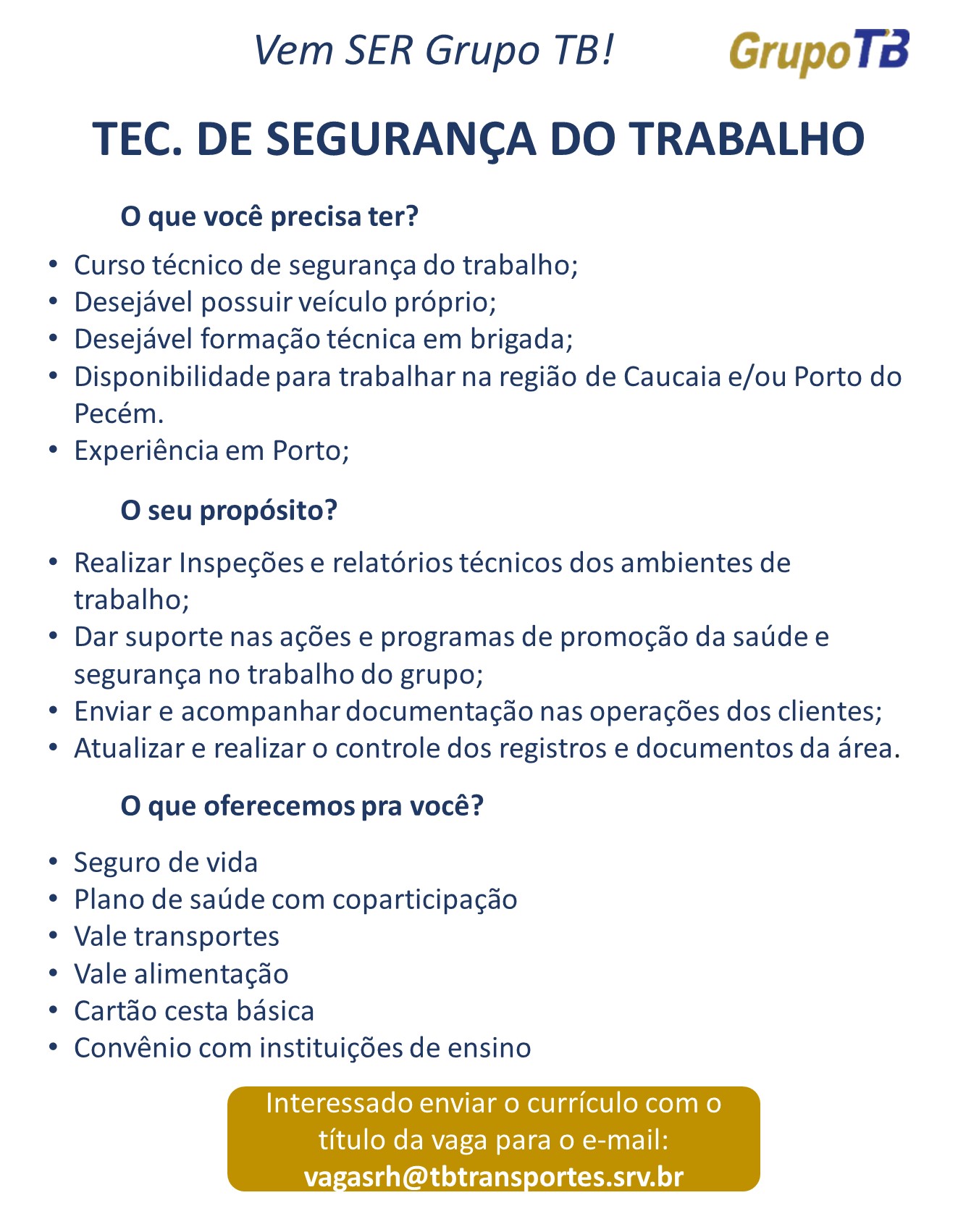 Vaga para Tecnico Segurança do Trabalho