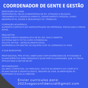 Vaga para Coordenador de Gente e Gestão