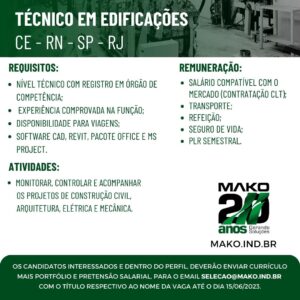 Vaga para Técnico em Edificações