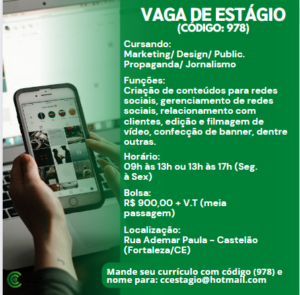 Vaga de Estágio Design, Publicidade e Propaganda, Marketing e Jornalismo