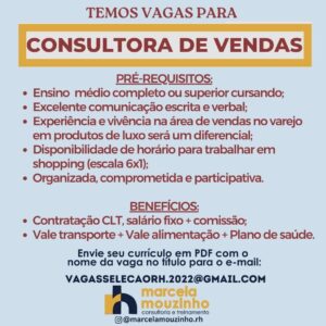 Vaga para Consultora de Vendas