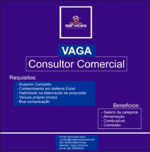 Vaga para Consultor de Vendas e Comercial