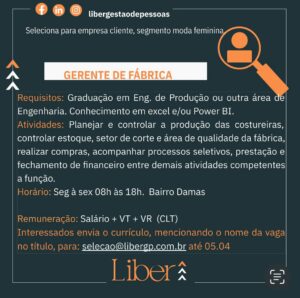 Vaga para Gerente de Fábrica