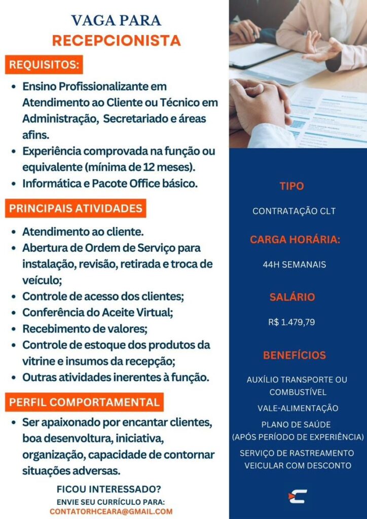 Vaga para Recepcionista 