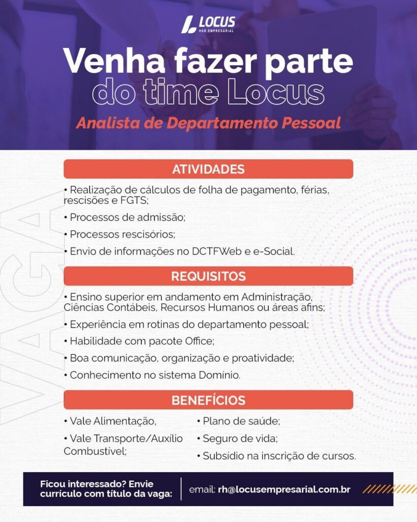 Vaga para Analista de Departamento Pessoal 