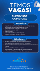 Vaga para Supervisor Comercial