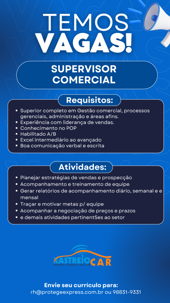 Vaga para Supervisor Comercial 