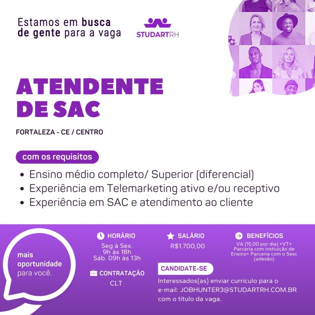 Vaga para Atendente de SAC