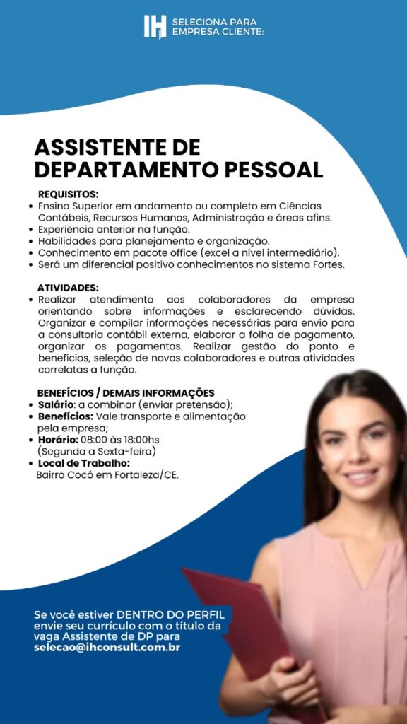 Vaga para Assistente de Departamento Pessoal