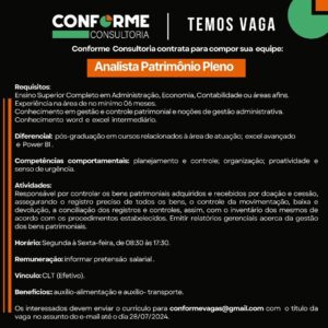 Vaga para Analista de Patrimônio Pleno