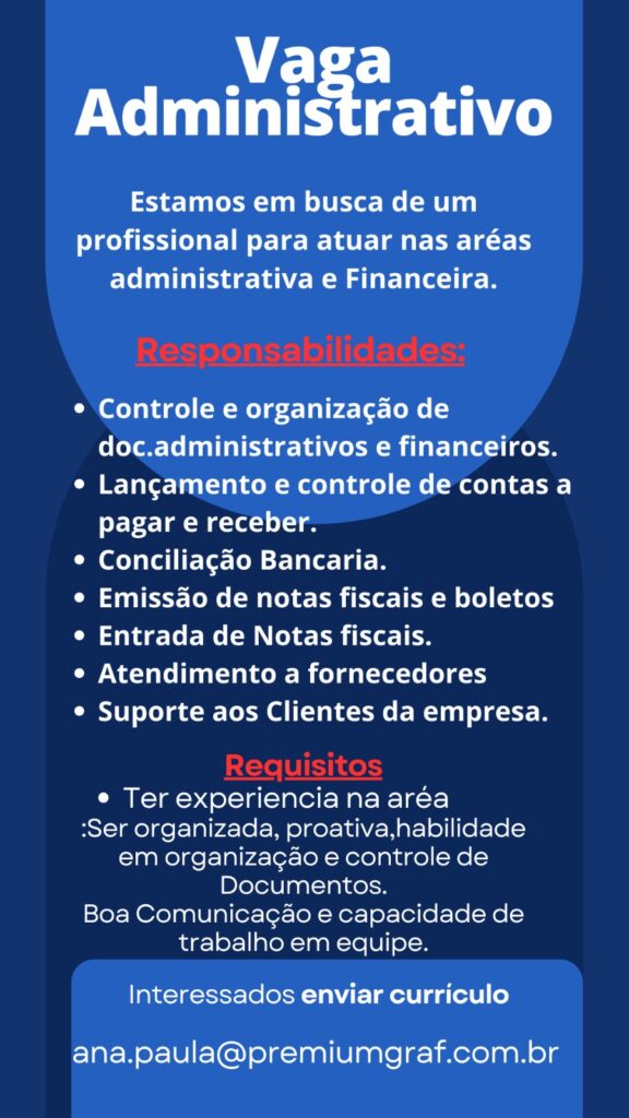 Vaga Administrativo e Financeiro - Belo Horizonte/MG
