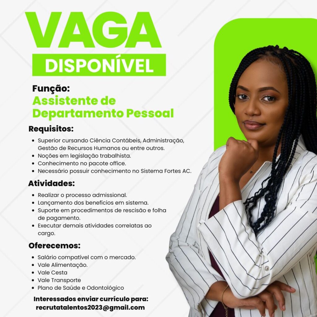 Vaga para Assistente de Departamento Pessoal