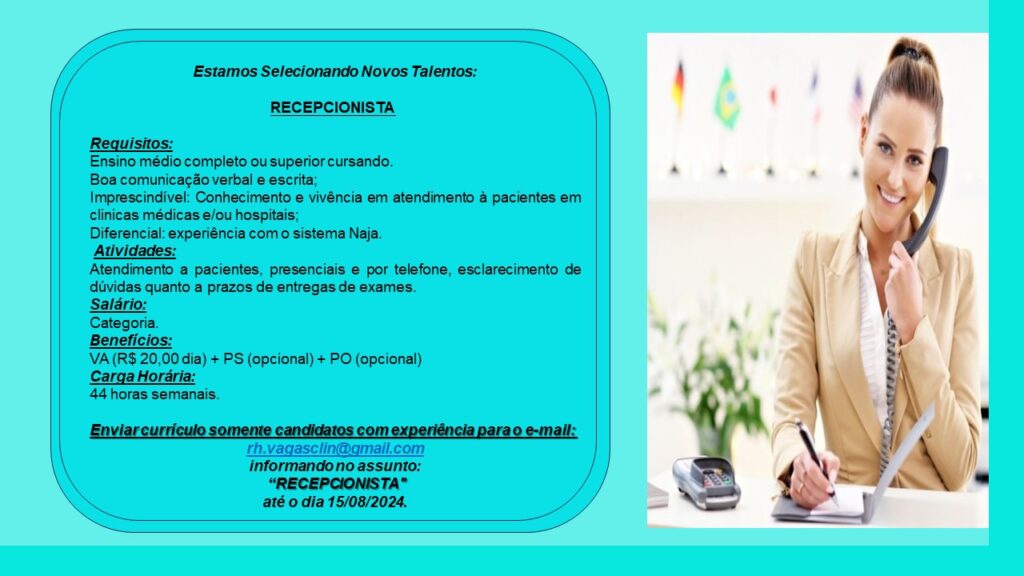 Vaga para Recepcionista 