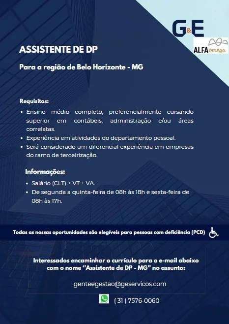Vaga para Assistente de Departamento Pessoal