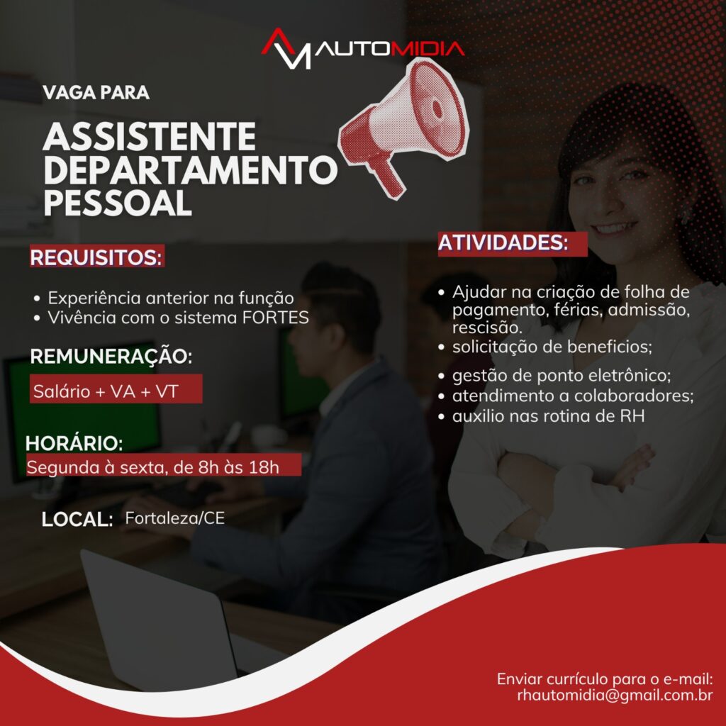 Vaga para Assistente de Departamento Pessoal