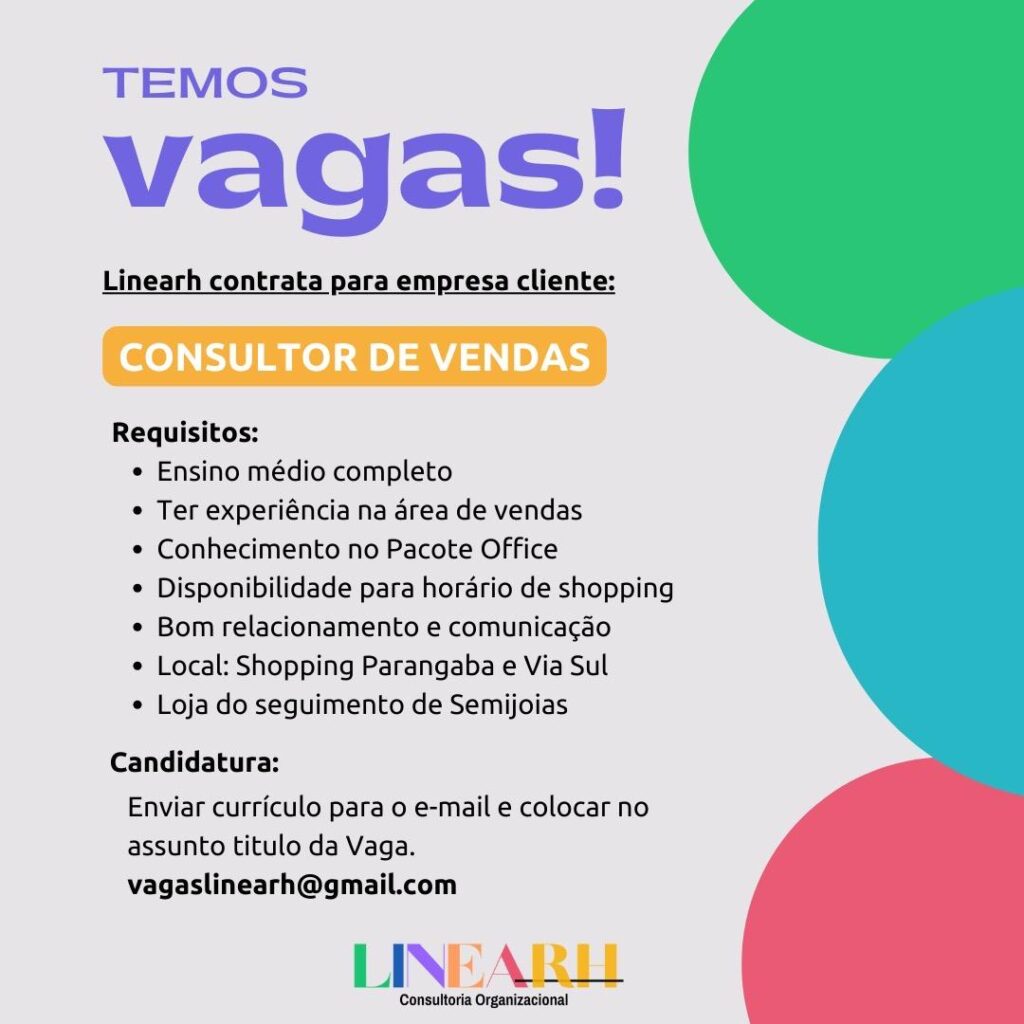 Vaga para Consultor de Vendas 