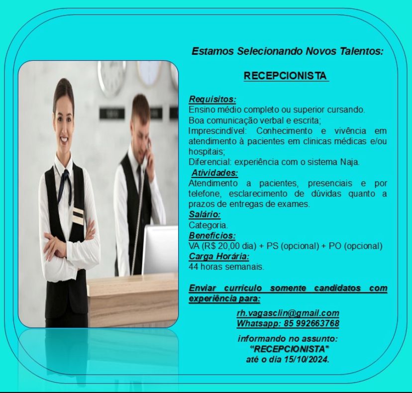 Vaga para Recepcionista 