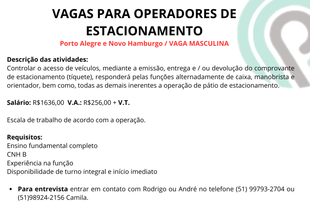 Vaga para Operador de Estacionamento