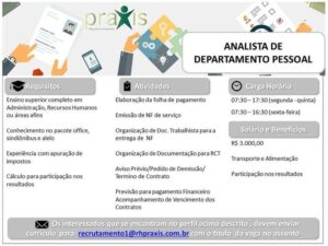 Vaga para Analista de Departamento Pessoal