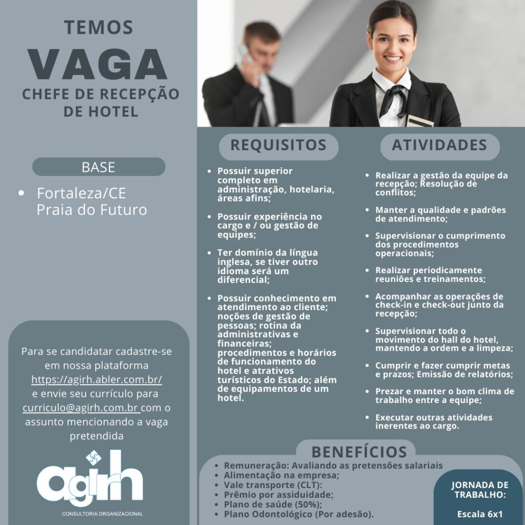 Vaga para Chefe de Recepção de Hotel 