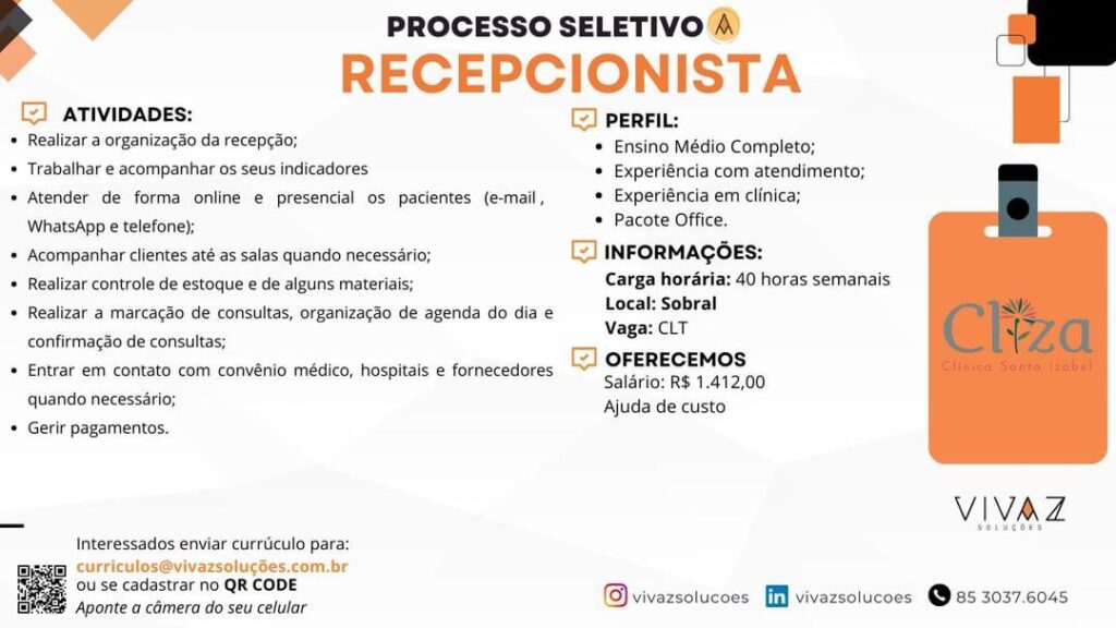 Vaga para Recepcionista 