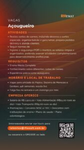 🔪 VAGA ABERTA – AÇOUGUEIRO 🥩 Está procurando uma nova oportunidade com bons benefícios e ambiente de crescimento profissional? Confira essa vaga! 🛠️ Atividades: • Realizar cortes de carnes, incluindo desossa e cortes especiais • Organizar balcão e gancheiras • Preparar pedidos delivery e atender clientes • Seguir normas de higiene e segurança (POP) • Manter o ambiente limpo e organizado 🎓 Requisitos: • Ensino Médio Completo • Conhecimento sobre diferentes cortes de carne • Experiência prévia como açougueiro 🕒 Horário e Local: • 44h semanais, escala 6x1 • Folga fixa na semana e um domingo por mês • Vagas nas unidades: Papicu, Bezerra de Menezes e Genibaú – Fortaleza/CE 💰 Benefícios: • Salário: R$ 1.900,00 • Vale Alimentação (R$ 15,00/dia) • Vale Transporte (R$ 9,00/dia) • Plano de saúde e odontológico • Premiações, convênios com SESC e FIEC • Descontos em instituições de ensino 📩 Envie seu currículo para: 📧 talentos@rhresult.com.br Ou escaneie o QR Code da imagem abaixo 👇 🚀 Aproveite essa chance de fazer parte de uma equipe de excelência! #Vaga #Emprego #Fortaleza #Açougueiro #RHResult #OportunidadeDeEmprego #TrabalheConosco